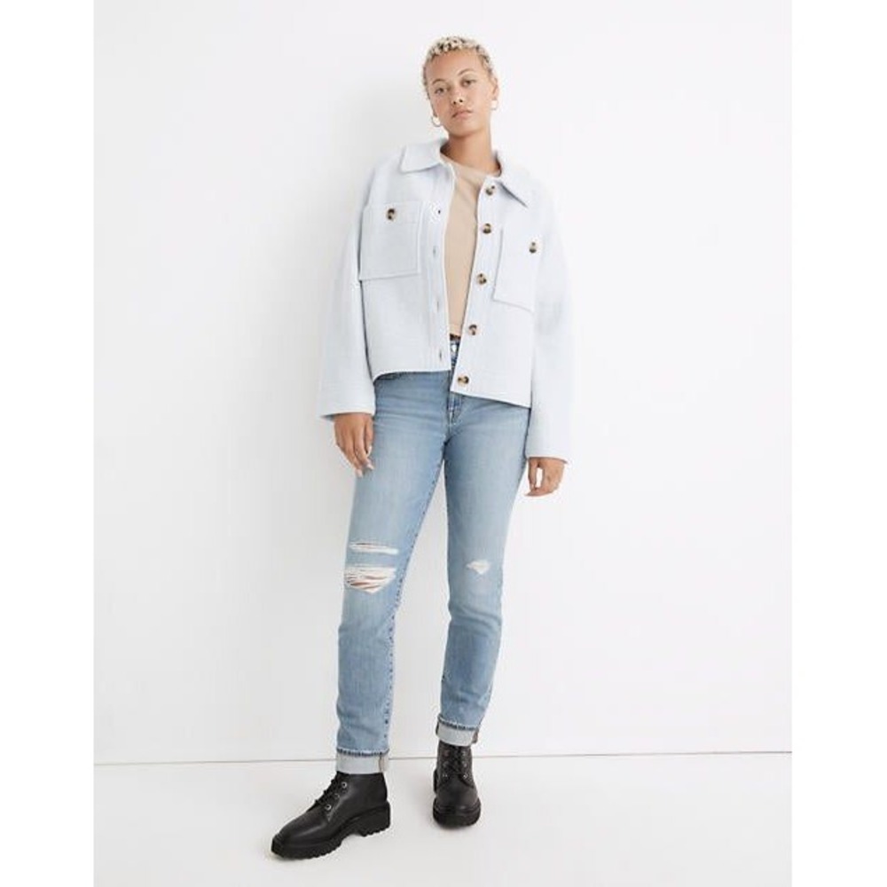 Madewell Merino Wool Crop Sweater Shirt Jacket Women XL Light Blue Button Front